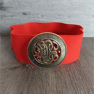 80's Red and Bronze Medallion Wide Stretch Fabric Waist Belt 29" Long